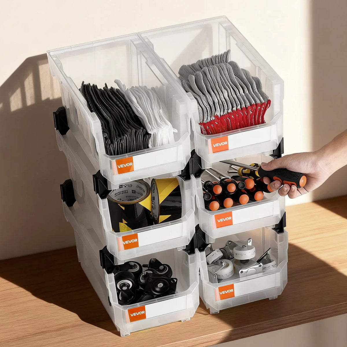 VEVOR sakraujamas plastmasas uzglabāšanas kastes 377 x 215 x 180 mm, konteineri skapim, garāžai, sīkām detaļām, biroja piederumiem un citiem aksesuāriem, 6 gab., caurspīdīgas - ZEMLETES.LV