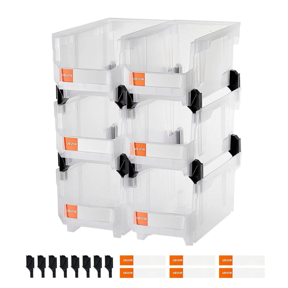 VEVOR sakraujamas plastmasas uzglabāšanas kastes 377 x 215 x 180 mm, konteineri skapim, garāžai, sīkām detaļām, biroja piederumiem un citiem aksesuāriem, 6 gab., caurspīdīgas - ZEMLETES.LV