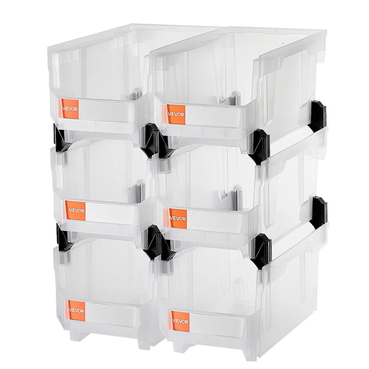 VEVOR sakraujamas plastmasas uzglabāšanas kastes 377 x 215 x 180 mm, konteineri skapim, garāžai, sīkām detaļām, biroja piederumiem un citiem aksesuāriem, 6 gab., caurspīdīgas - ZEMLETES.LV