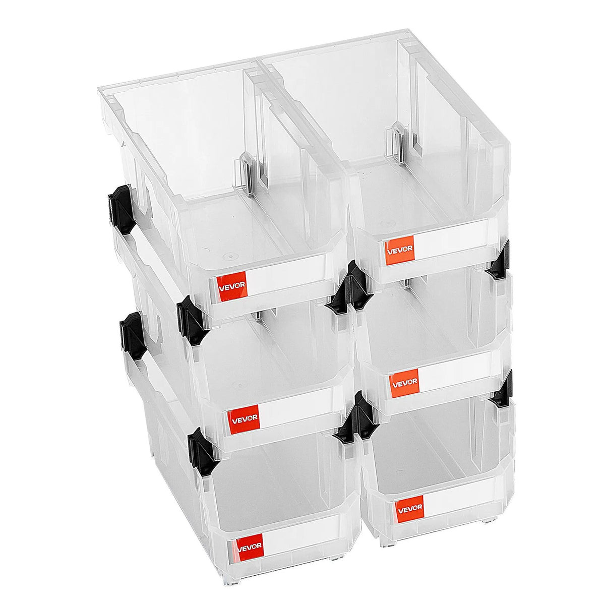 VEVOR sakraujamas plastmasas uzglabāšanas kastes 377 x 215 x 180 mm, konteineri skapim, garāžai, sīkām detaļām, biroja piederumiem un citiem aksesuāriem, 6 gab., caurspīdīgas - ZEMLETES.LV