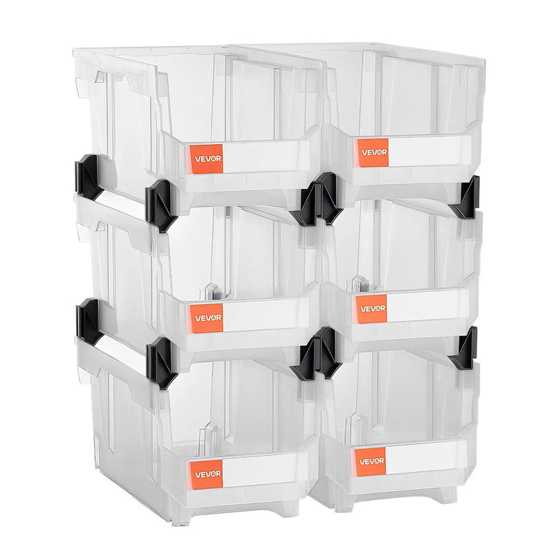 VEVOR sakraujamas plastmasas uzglabāšanas kastes 377 x 215 x 180 mm, konteineri skapim, garāžai, sīkām detaļām, biroja piederumiem un citiem aksesuāriem, 6 gab., caurspīdīgas - ZEMLETES.LV
