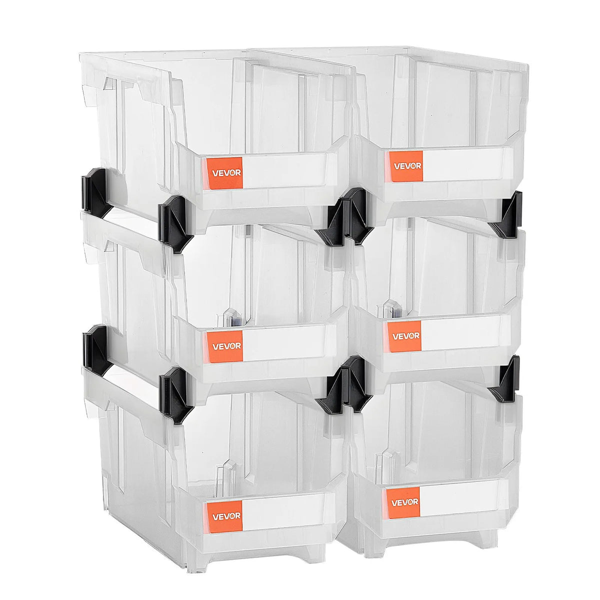 VEVOR sakraujamas plastmasas uzglabāšanas kastes 377 x 215 x 180 mm, konteineri skapim, garāžai, sīkām detaļām, biroja piederumiem un citiem aksesuāriem, 6 gab., caurspīdīgas - ZEMLETES.LV