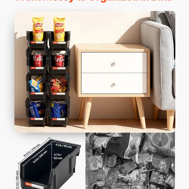 VEVOR sakraujamas plastmasas uzglabāšanas kastes 276 x 140 x 130 mm, konteineri skapim, garāžai, sīkām detaļām, biroja piederumiem un citiem aksesuāriem, 8 gab., melnas - ZEMLETES.LV