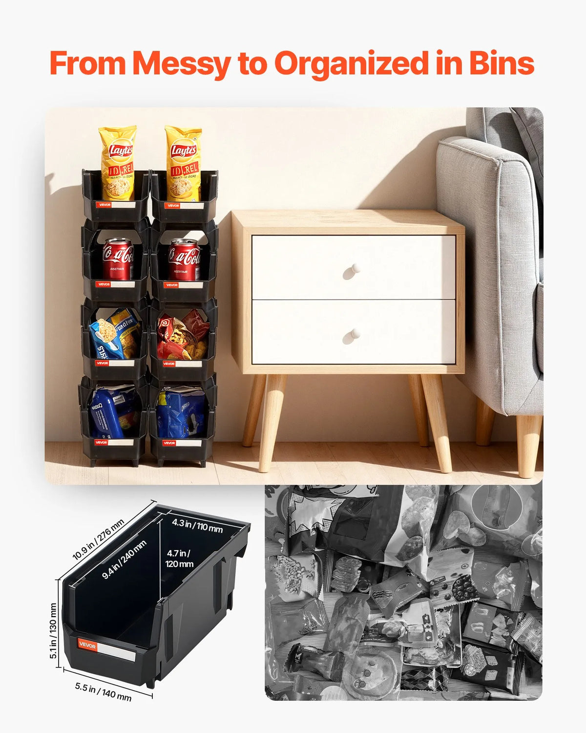 VEVOR sakraujamas plastmasas uzglabāšanas kastes 276 x 140 x 130 mm, konteineri skapim, garāžai, sīkām detaļām, biroja piederumiem un citiem aksesuāriem, 8 gab., melnas - ZEMLETES.LV
