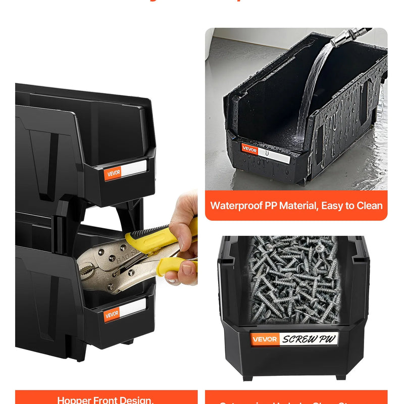 VEVOR sakraujamas plastmasas uzglabāšanas kastes 276 x 140 x 130 mm, konteineri skapim, garāžai, sīkām detaļām, biroja piederumiem un citiem aksesuāriem, 8 gab., melnas - ZEMLETES.LV