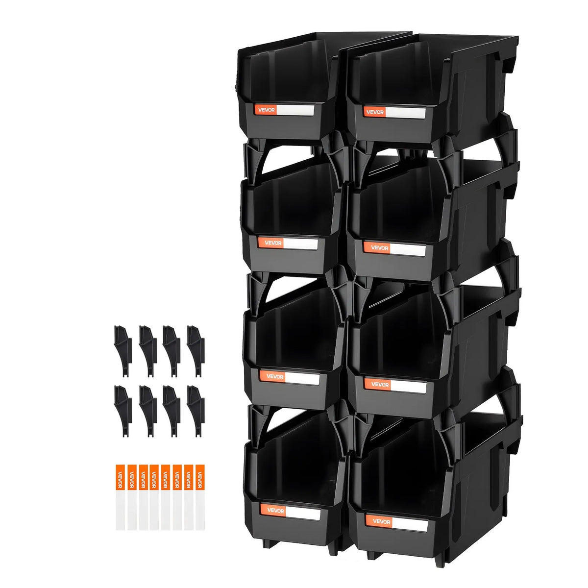 VEVOR sakraujamas plastmasas uzglabāšanas kastes 276 x 140 x 130 mm, konteineri skapim, garāžai, sīkām detaļām, biroja piederumiem un citiem aksesuāriem, 8 gab., melnas - ZEMLETES.LV