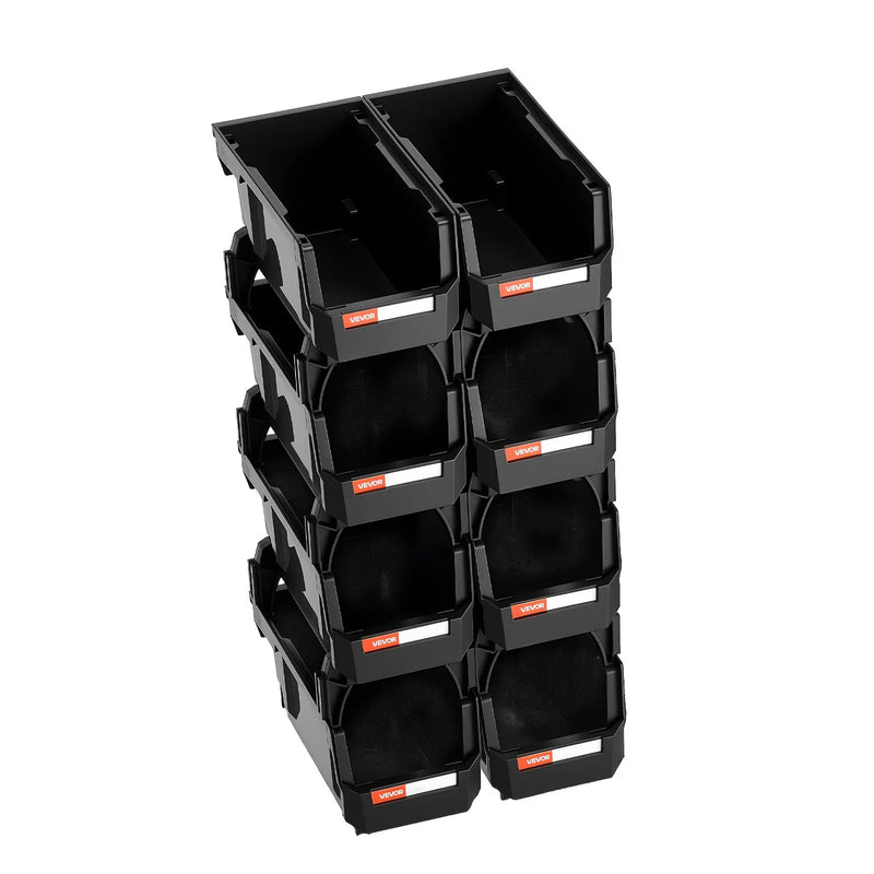 VEVOR sakraujamas plastmasas uzglabāšanas kastes 276 x 140 x 130 mm, konteineri skapim, garāžai, sīkām detaļām, biroja piederumiem un citiem aksesuāriem, 8 gab., melnas - ZEMLETES.LV