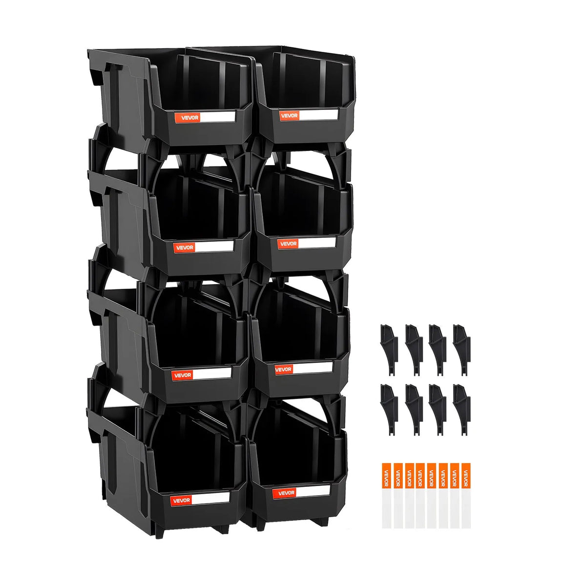 VEVOR sakraujamas plastmasas uzglabāšanas kastes 276 x 140 x 130 mm, konteineri skapim, garāžai, sīkām detaļām, biroja piederumiem un citiem aksesuāriem, 8 gab., melnas - ZEMLETES.LV