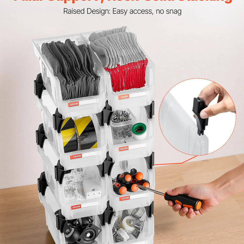 VEVOR sakraujamas plastmasas uzglabāšanas kastes 276 x 140 x 130 mm, konteineri skapim, garāžai, sīkām detaļām, biroja piederumiem un citiem aksesuāriem, 8 gab., caurspīdīgas - ZEMLETES.LV