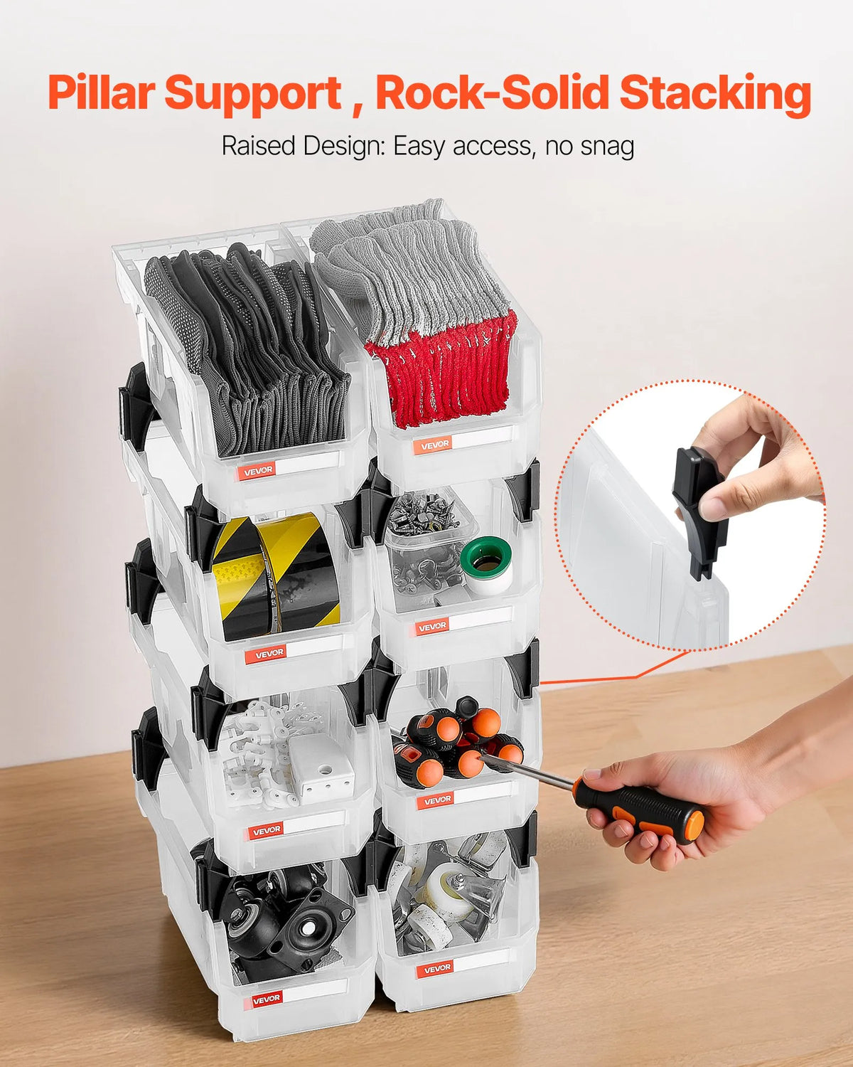 VEVOR sakraujamas plastmasas uzglabāšanas kastes 276 x 140 x 130 mm, konteineri skapim, garāžai, sīkām detaļām, biroja piederumiem un citiem aksesuāriem, 8 gab., caurspīdīgas - ZEMLETES.LV