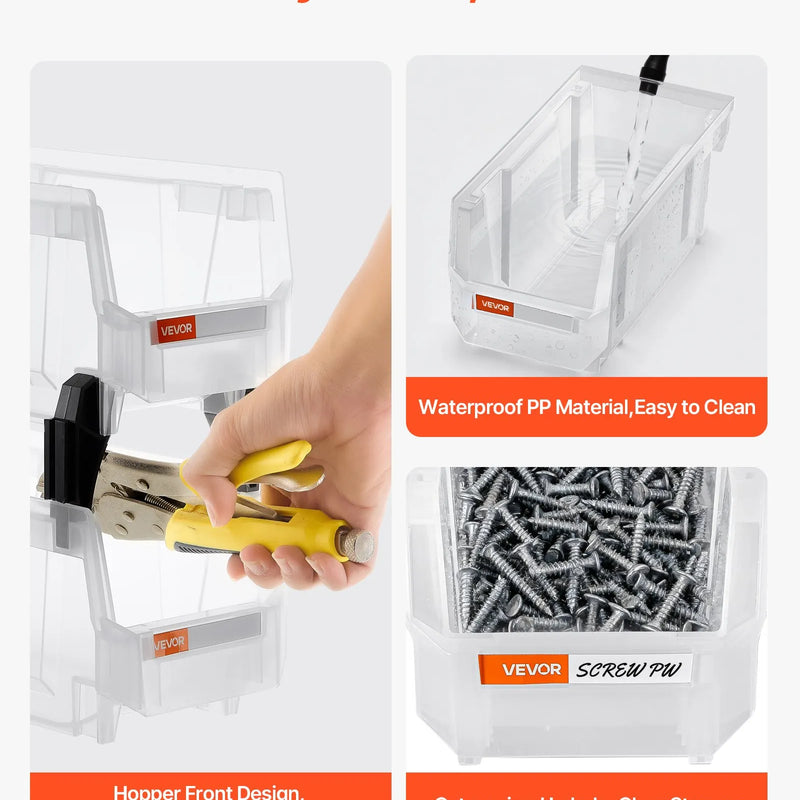 VEVOR sakraujamas plastmasas uzglabāšanas kastes 276 x 140 x 130 mm, konteineri skapim, garāžai, sīkām detaļām, biroja piederumiem un citiem aksesuāriem, 8 gab., caurspīdīgas - ZEMLETES.LV