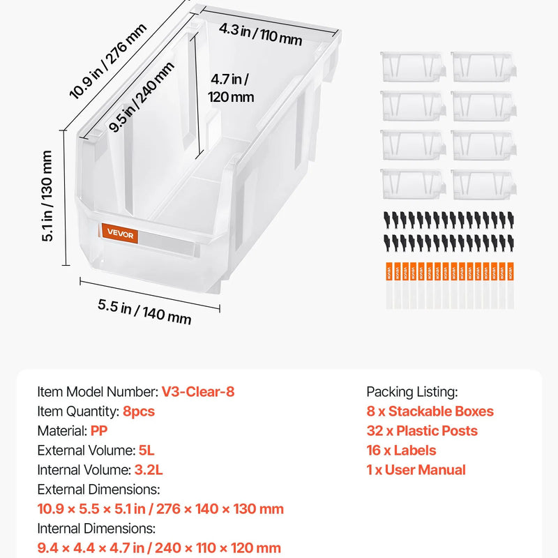 VEVOR sakraujamas plastmasas uzglabāšanas kastes 276 x 140 x 130 mm, konteineri skapim, garāžai, sīkām detaļām, biroja piederumiem un citiem aksesuāriem, 8 gab., caurspīdīgas - ZEMLETES.LV