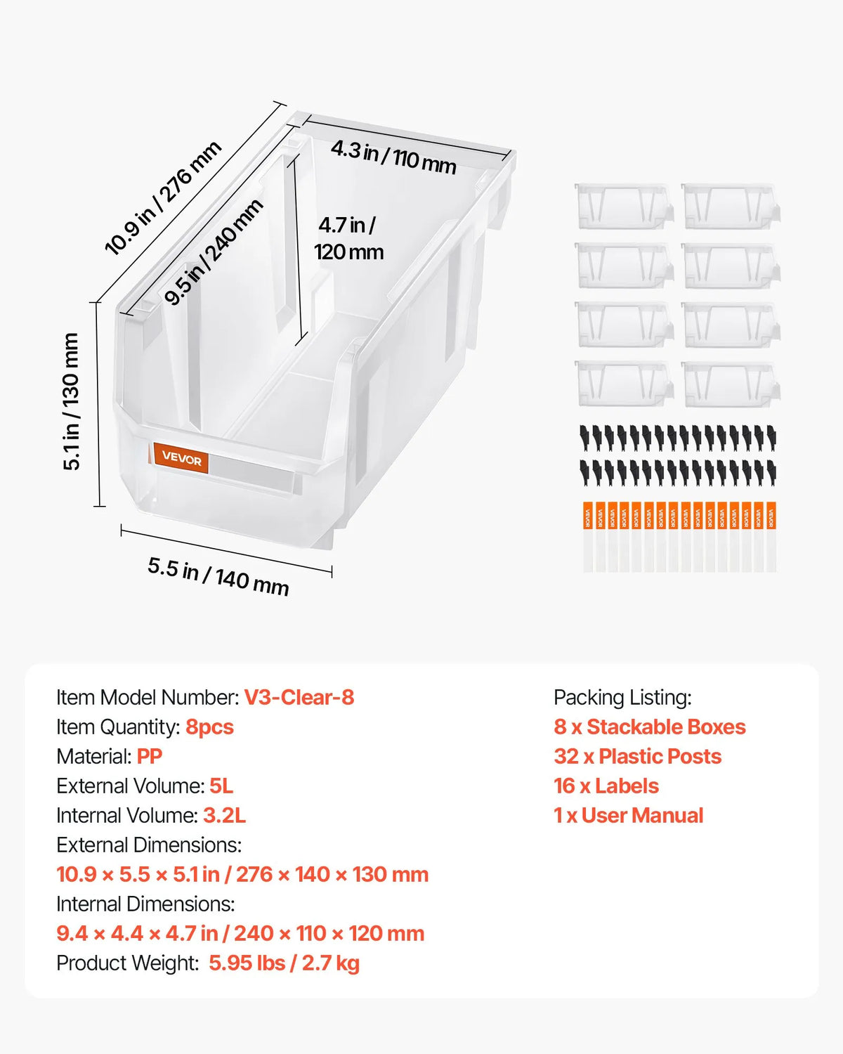 VEVOR sakraujamas plastmasas uzglabāšanas kastes 276 x 140 x 130 mm, konteineri skapim, garāžai, sīkām detaļām, biroja piederumiem un citiem aksesuāriem, 8 gab., caurspīdīgas - ZEMLETES.LV