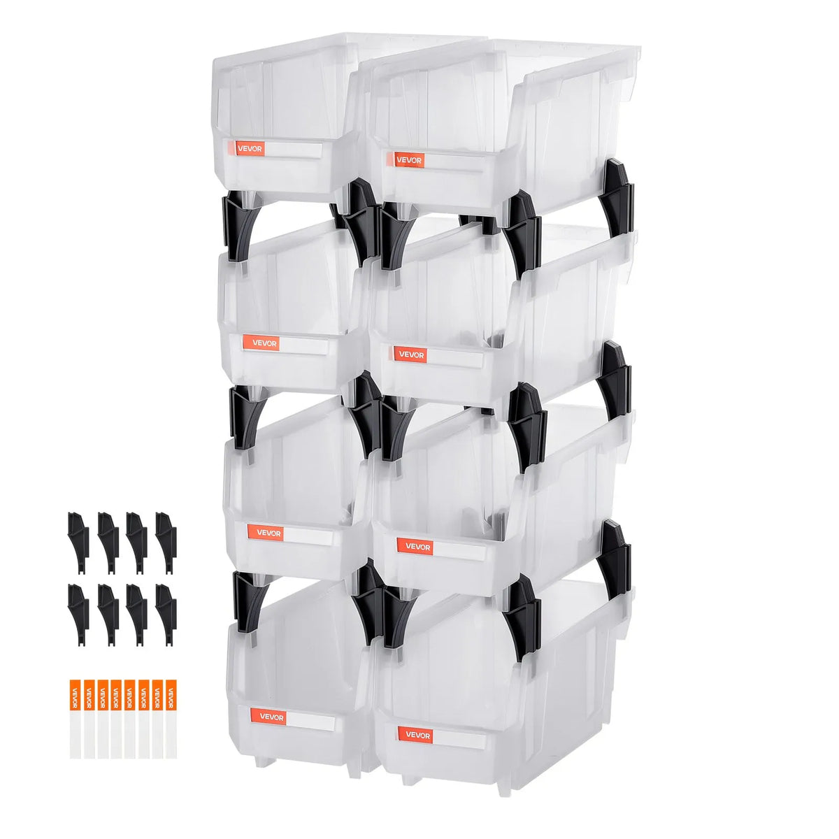 VEVOR sakraujamas plastmasas uzglabāšanas kastes 276 x 140 x 130 mm, konteineri skapim, garāžai, sīkām detaļām, biroja piederumiem un citiem aksesuāriem, 8 gab., caurspīdīgas - ZEMLETES.LV
