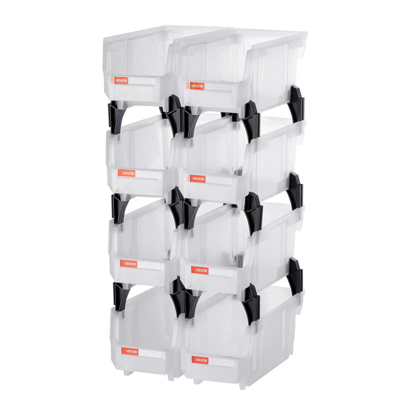 VEVOR sakraujamas plastmasas uzglabāšanas kastes 276 x 140 x 130 mm, konteineri skapim, garāžai, sīkām detaļām, biroja piederumiem un citiem aksesuāriem, 8 gab., caurspīdīgas - ZEMLETES.LV