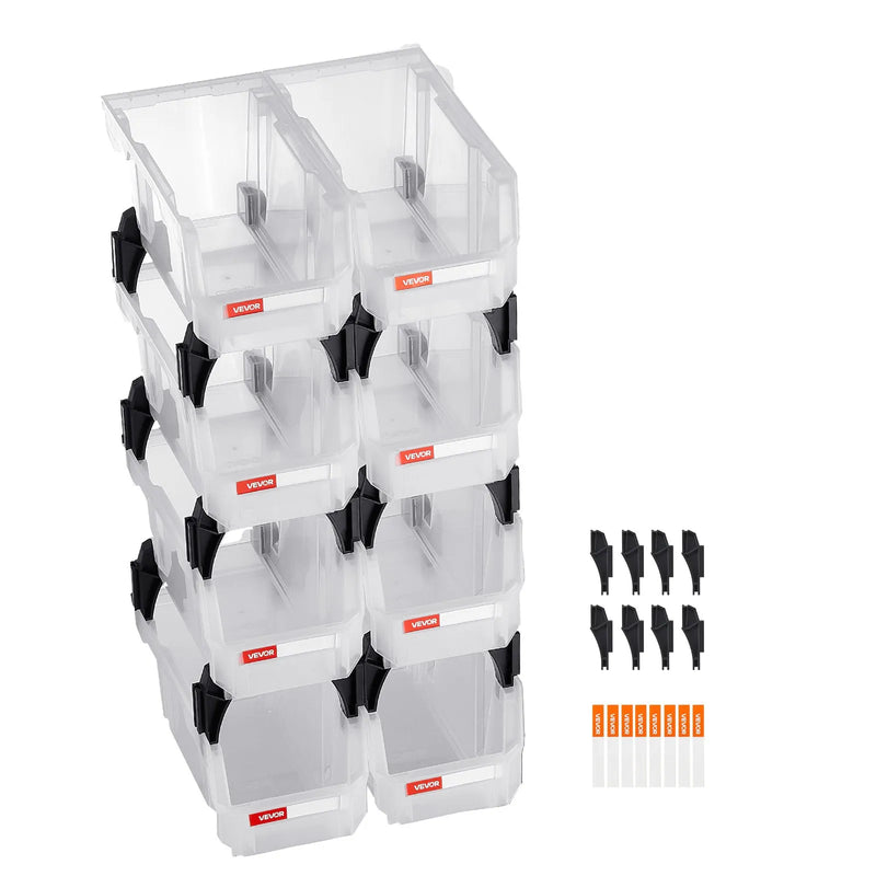 VEVOR sakraujamas plastmasas uzglabāšanas kastes 276 x 140 x 130 mm, konteineri skapim, garāžai, sīkām detaļām, biroja piederumiem un citiem aksesuāriem, 8 gab., caurspīdīgas - ZEMLETES.LV