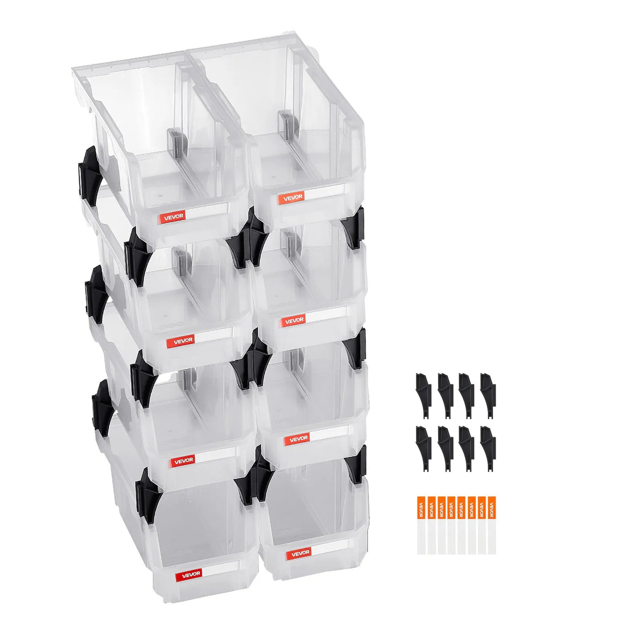 VEVOR sakraujamas plastmasas uzglabāšanas kastes 276 x 140 x 130 mm, konteineri skapim, garāžai, sīkām detaļām, biroja piederumiem un citiem aksesuāriem, 8 gab., caurspīdīgas - ZEMLETES.LV