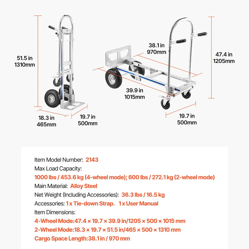 VEVOR 2 vienā rokas ratiņi, kravnesība 453,6 kg, pārveidojami ratiņi ar neslīdošu rokturi un riteņiem, pārvietošanai mājās, birojā, noliktavā un veikalā - ZEMLETES.LV