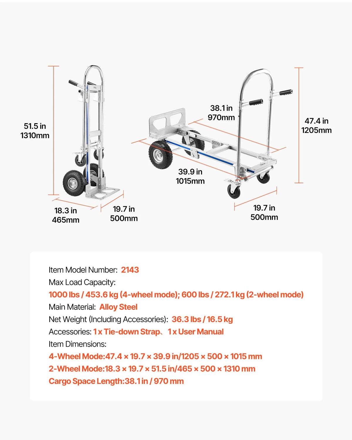 VEVOR 2 vienā rokas ratiņi, kravnesība 453,6 kg, pārveidojami ratiņi ar neslīdošu rokturi un riteņiem, pārvietošanai mājās, birojā, noliktavā un veikalā - ZEMLETES.LV