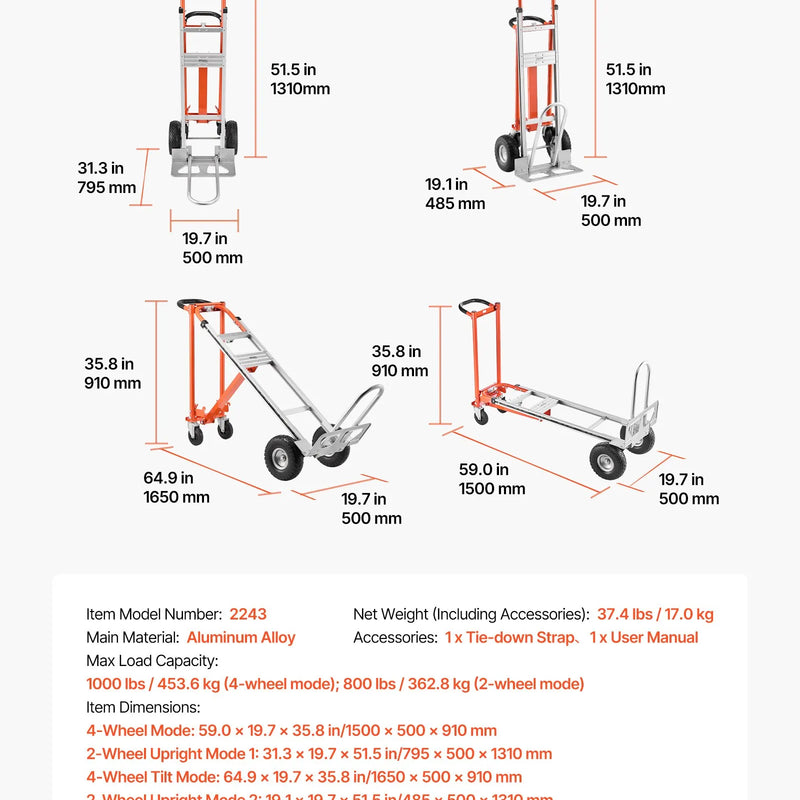 VEVOR 4 vienā rokas ratiņi, kravnesība 453,6 kg, pārveidojami alumīnija ratiņi ar neslīdošu rokturi un riteņiem, pārvietošanai mājās, birojā un noliktavā - ZEMLETES.LV