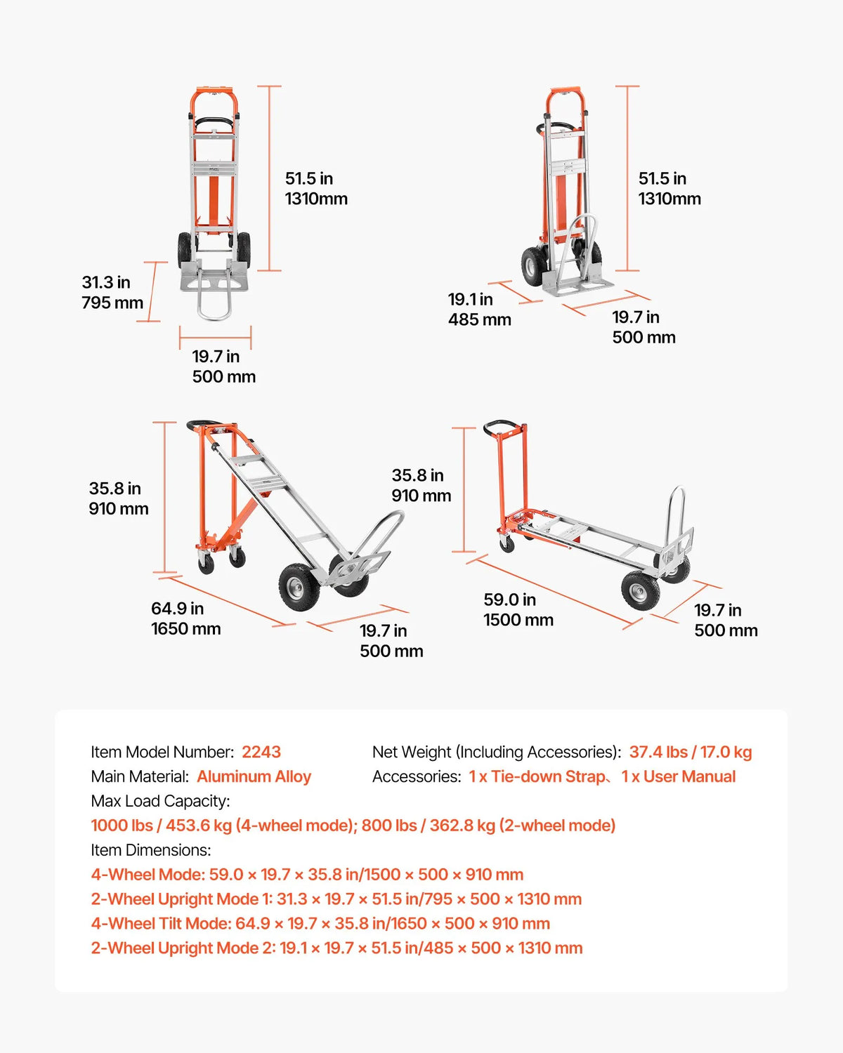 VEVOR 4 vienā rokas ratiņi, kravnesība 453,6 kg, pārveidojami alumīnija ratiņi ar neslīdošu rokturi un riteņiem, pārvietošanai mājās, birojā un noliktavā - ZEMLETES.LV