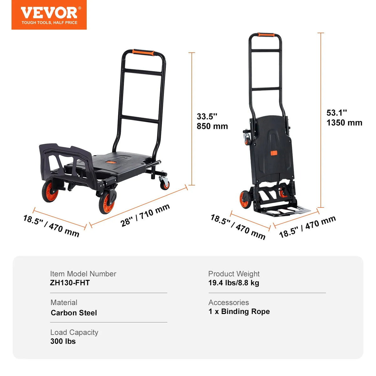 VEVOR 2 vienā alumīnija rokas ratiņi, kravnesība 136,1 kg, smagās slodzes pārveidojami salokāmi ratiņi ar gumijas riteņiem, no rokas ratiņiem uz platformas ratiņiem - ZEMLETES.LV