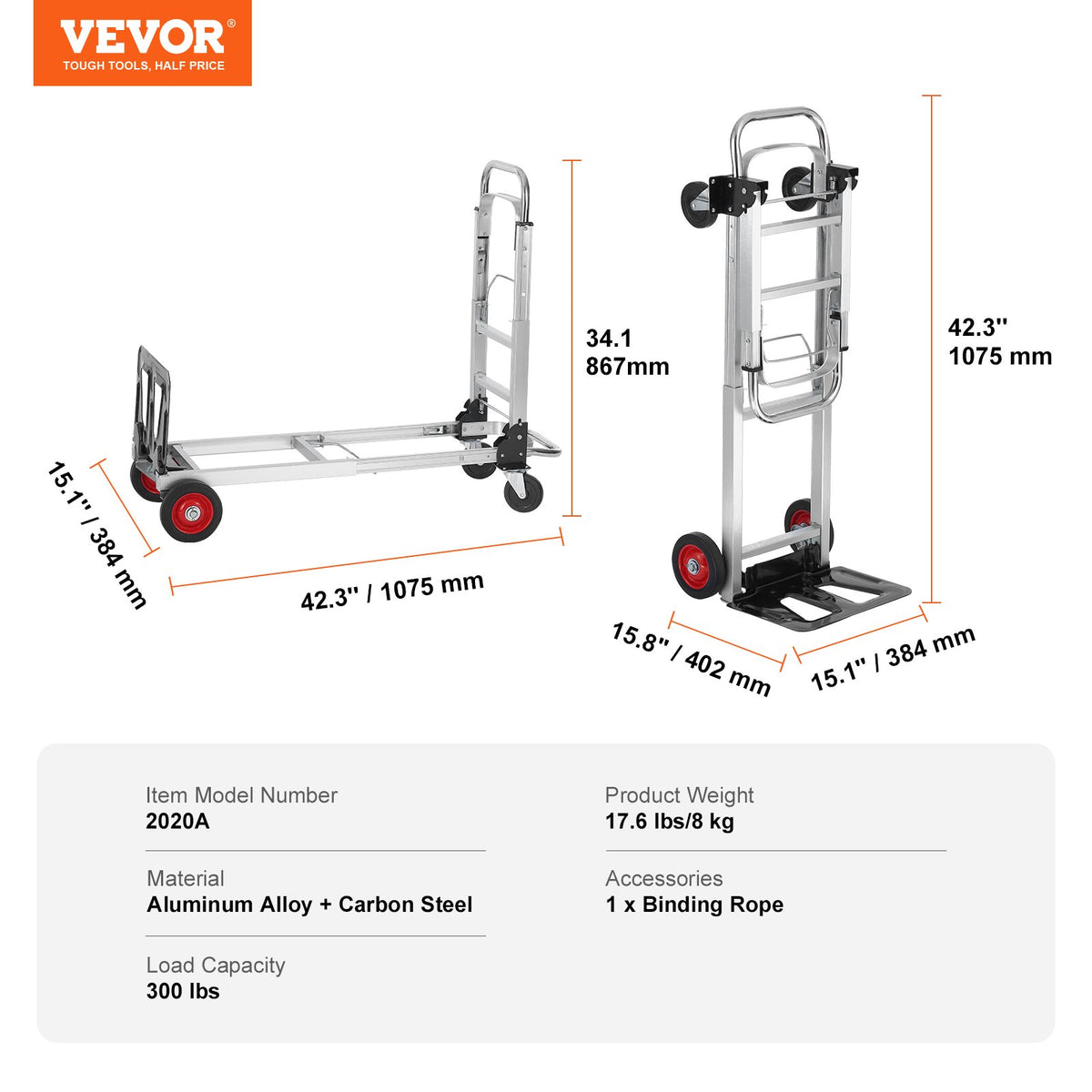 VEVOR 2 vienā alumīnija rokas ratiņi, kravnesība 181,4 kg, smagās slodzes pārveidojami salokāmi ratiņi ar gumijas riteņiem, no rokas ratiņiem uz platformas ratiņiem - ZEMLETES.LV