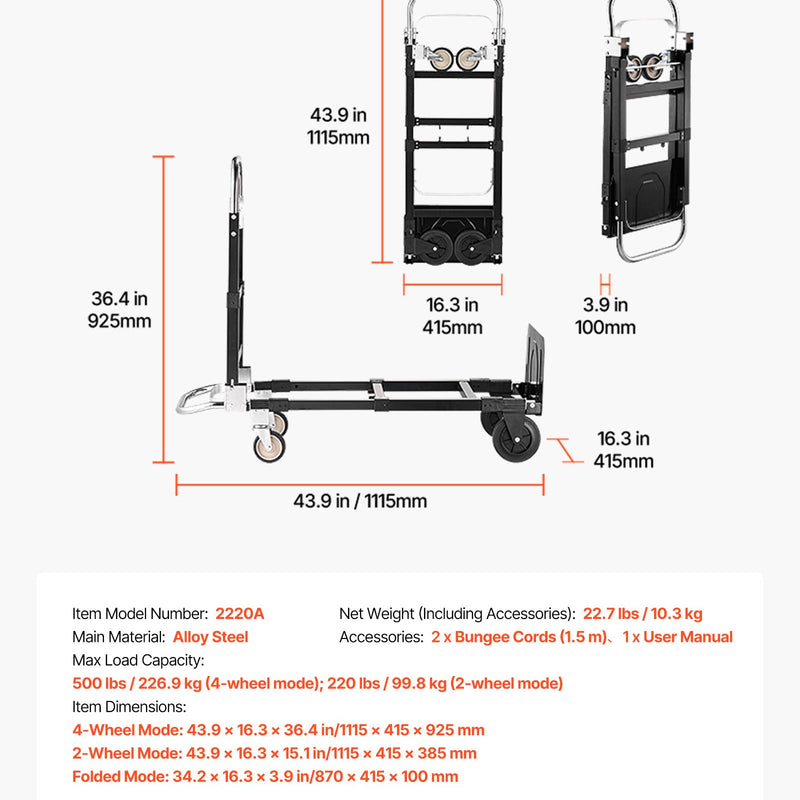 VEVOR 2 vienā salokāmi rokas ratiņi, kravnesība 226,9 kg, pārveidojami ratiņi ar regulējamu rokturi un riteņiem, pārvietošanai mājās, birojā un noliktavā - ZEMLETES.LV