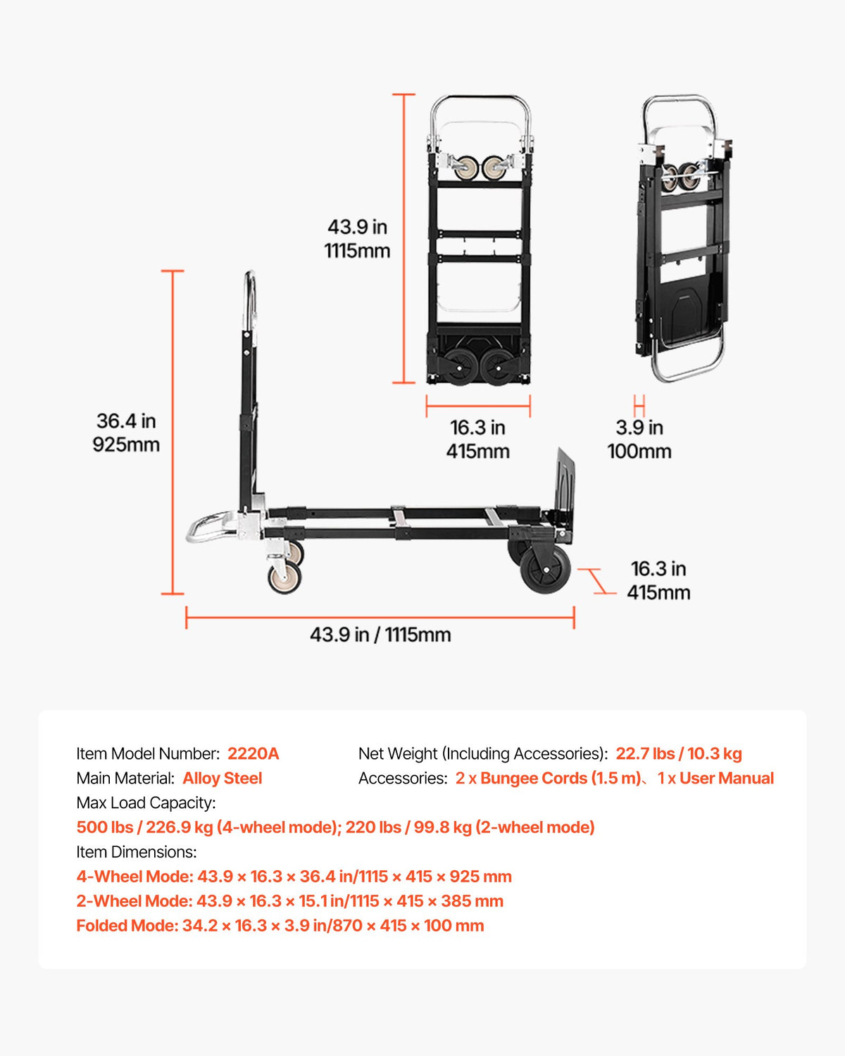 VEVOR 2 vienā salokāmi rokas ratiņi, kravnesība 226,9 kg, pārveidojami ratiņi ar regulējamu rokturi un riteņiem, pārvietošanai mājās, birojā un noliktavā - ZEMLETES.LV