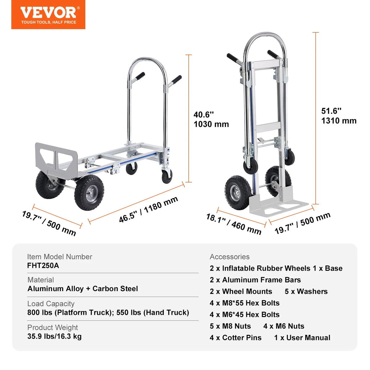 VEVOR 2 vienā alumīnija rokas ratiņi, kravnesība 362,9 kg, smagās slodzes pārveidojami salokāmi ratiņi ar gumijas riteņiem, no rokas ratiņiem uz platformas ratiņiem - ZEMLETES.LV