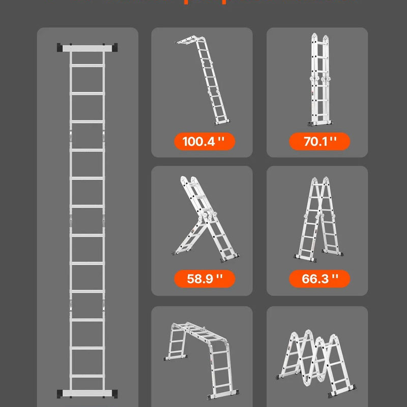 VEVOR daudzfunkcionālas salokāmas kāpnes 7 vienā, A veida 3 pakāpienu regulējamas teleskopiskās kāpnes ar pagarinājumu, sasniedzamais augstums līdz 3,7 m, celtspēja 150 kg, piemērotas mājsaimniecības un āra darbiem - ZEMLETES.LV