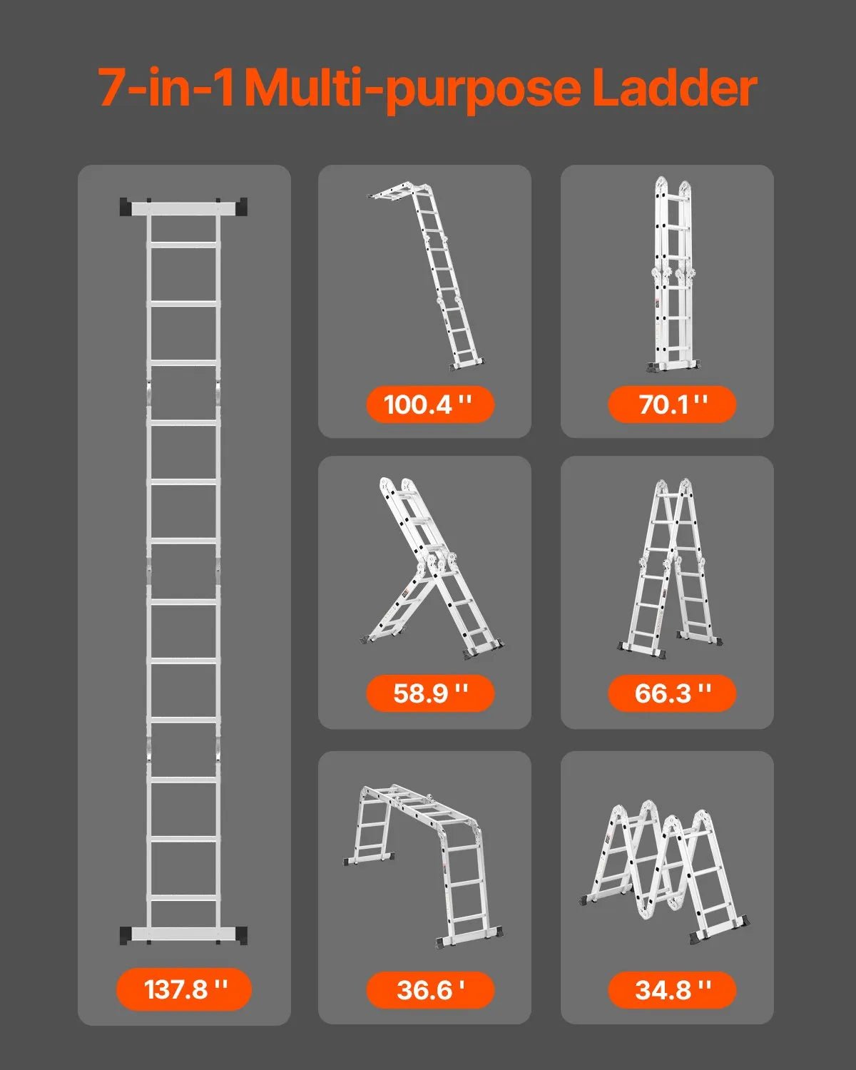 VEVOR daudzfunkcionālas salokāmas kāpnes 7 vienā, A veida 3 pakāpienu regulējamas teleskopiskās kāpnes ar pagarinājumu, sasniedzamais augstums līdz 3,7 m, celtspēja 150 kg, piemērotas mājsaimniecības un āra darbiem - ZEMLETES.LV