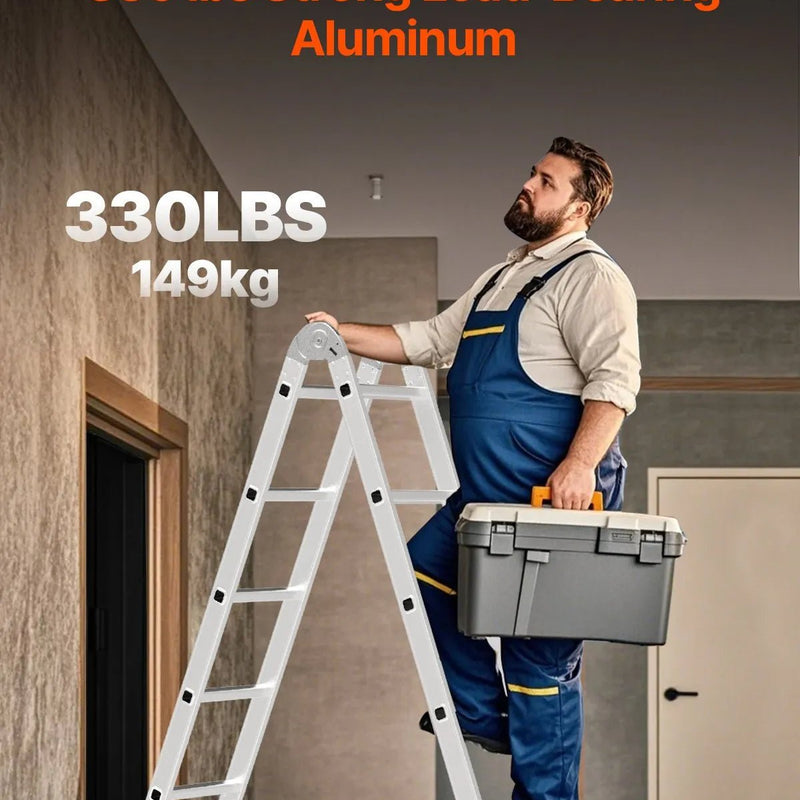 VEVOR daudzfunkcionālas salokāmas kāpnes 7 vienā, A veida 3 pakāpienu regulējamas teleskopiskās kāpnes ar pagarinājumu, sasniedzamais augstums līdz 3,7 m, celtspēja 150 kg, piemērotas mājsaimniecības un āra darbiem - ZEMLETES.LV