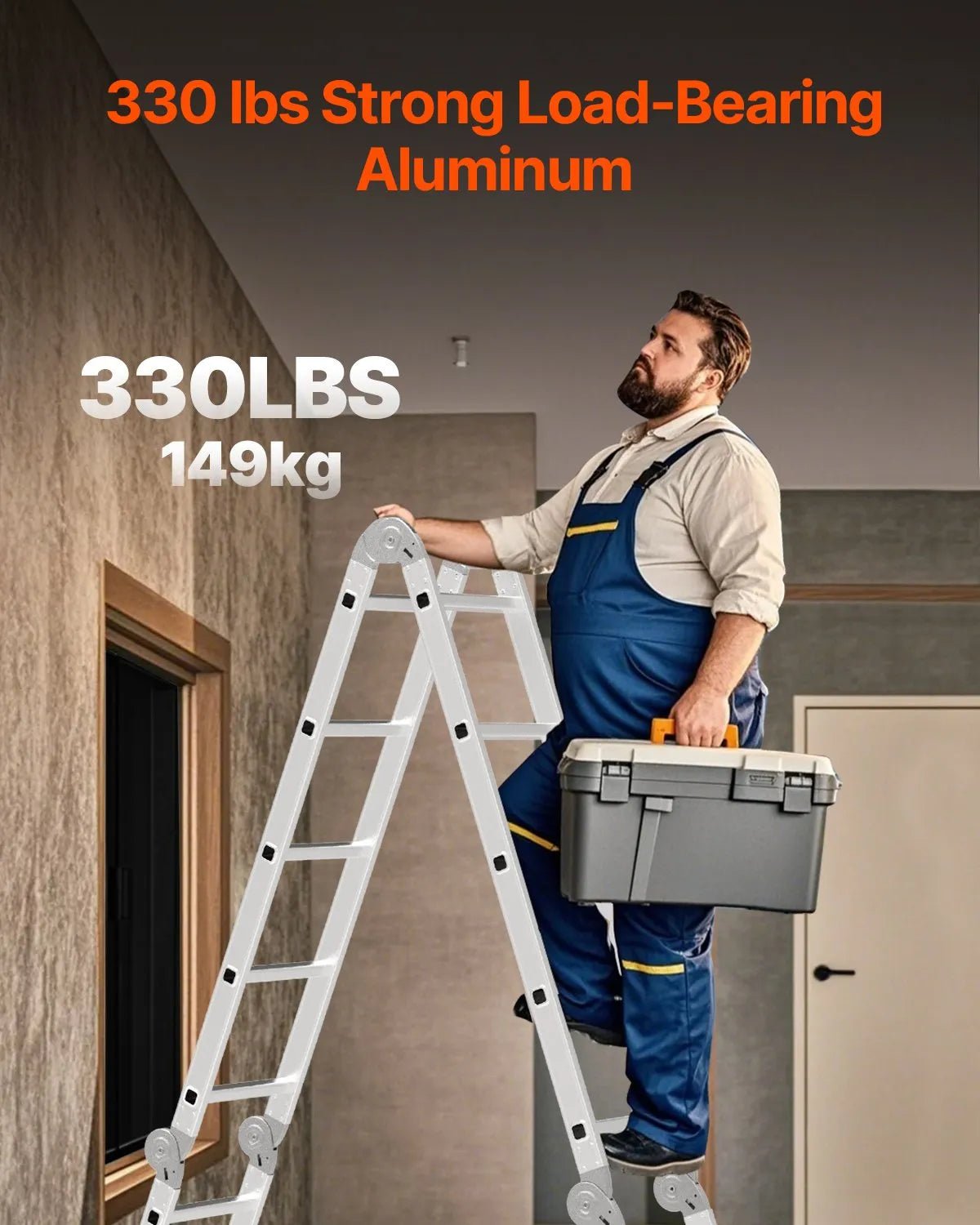 VEVOR daudzfunkcionālas salokāmas kāpnes 7 vienā, A veida 3 pakāpienu regulējamas teleskopiskās kāpnes ar pagarinājumu, sasniedzamais augstums līdz 3,7 m, celtspēja 150 kg, piemērotas mājsaimniecības un āra darbiem - ZEMLETES.LV