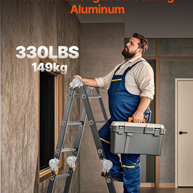 VEVOR daudzfunkcionālas salokāmas kāpnes 7 vienā, A veida 3 pakāpienu kāpnes ar teleskopisku pagarinājumu un sastatņu platformu, sasniedzamais augstums līdz 3,7 m, celtspēja 150 kg, piemērotas mājai un āra darbiem - ZEMLETES.LV