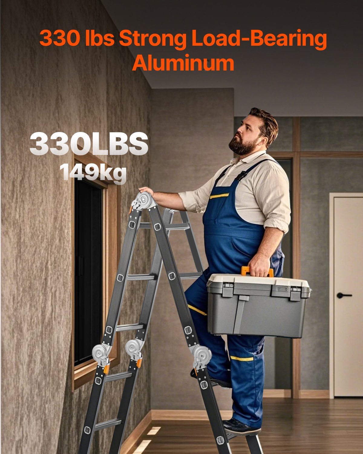 VEVOR daudzfunkcionālas salokāmas kāpnes 7 vienā, A veida 3 pakāpienu kāpnes ar teleskopisku pagarinājumu un sastatņu platformu, sasniedzamais augstums līdz 3,7 m, celtspēja 150 kg, piemērotas mājai un āra darbiem - ZEMLETES.LV