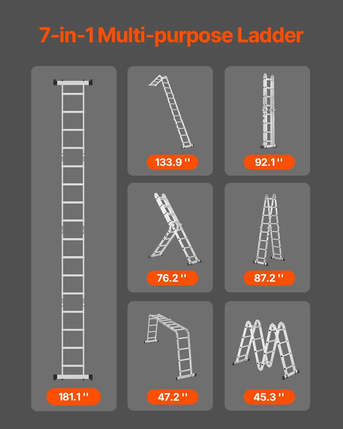 VEVOR daudzfunkcionālas salokāmas kāpnes 7 vienā, A veida 4 pakāpienu teleskopiskās kāpnes ar pagarinājumu, sasniedzamais augstums līdz 4,7 m, regulējamas, celtspēja 150 kg, piemērotas mājai un āra darbiem - ZEMLETES.LV