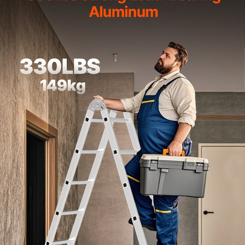 VEVOR daudzfunkcionālas salokāmas kāpnes 7 vienā, A veida 4 pakāpienu teleskopiskās kāpnes ar pagarinājumu, sasniedzamais augstums līdz 4,7 m, regulējamas, celtspēja 150 kg, piemērotas mājai un āra darbiem - ZEMLETES.LV