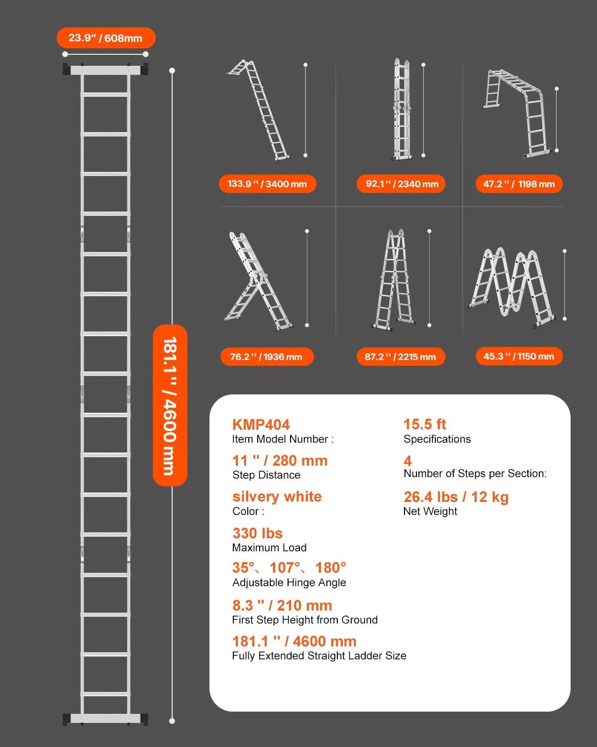 VEVOR daudzfunkcionālas salokāmas kāpnes 7 vienā, A veida 4 pakāpienu teleskopiskās kāpnes ar pagarinājumu, sasniedzamais augstums līdz 4,7 m, regulējamas, celtspēja 150 kg, piemērotas mājai un āra darbiem - ZEMLETES.LV
