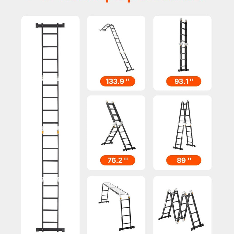 VEVOR daudzfunkcionālas salokāmas kāpnes 7 vienā, A veida 4 pakāpienu teleskopiskās kāpnes ar sastatņu platformu, sasniedzamais augstums līdz 4,7 m, celtspēja 150 kg, piemērotas mājai un āra darbiem - ZEMLETES.LV
