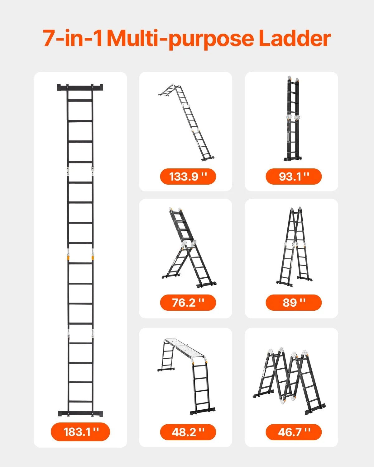 VEVOR daudzfunkcionālas salokāmas kāpnes 7 vienā, A veida 4 pakāpienu teleskopiskās kāpnes ar sastatņu platformu, sasniedzamais augstums līdz 4,7 m, celtspēja 150 kg, piemērotas mājai un āra darbiem - ZEMLETES.LV