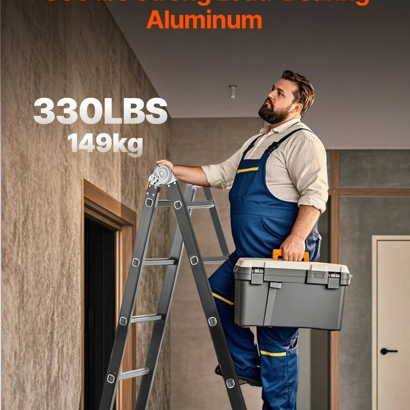 VEVOR daudzfunkcionālas salokāmas kāpnes 7 vienā, A veida 4 pakāpienu teleskopiskās kāpnes ar sastatņu platformu, sasniedzamais augstums līdz 4,7 m, celtspēja 150 kg, piemērotas mājai un āra darbiem - ZEMLETES.LV