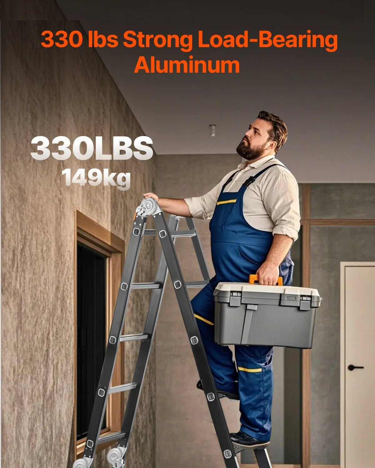 VEVOR daudzfunkcionālas salokāmas kāpnes 7 vienā, A veida 4 pakāpienu teleskopiskās kāpnes ar sastatņu platformu, sasniedzamais augstums līdz 4,7 m, celtspēja 150 kg, piemērotas mājai un āra darbiem - ZEMLETES.LV