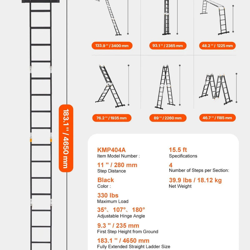 VEVOR daudzfunkcionālas salokāmas kāpnes 7 vienā, A veida 4 pakāpienu teleskopiskās kāpnes ar sastatņu platformu, sasniedzamais augstums līdz 4,7 m, celtspēja 150 kg, piemērotas mājai un āra darbiem - ZEMLETES.LV