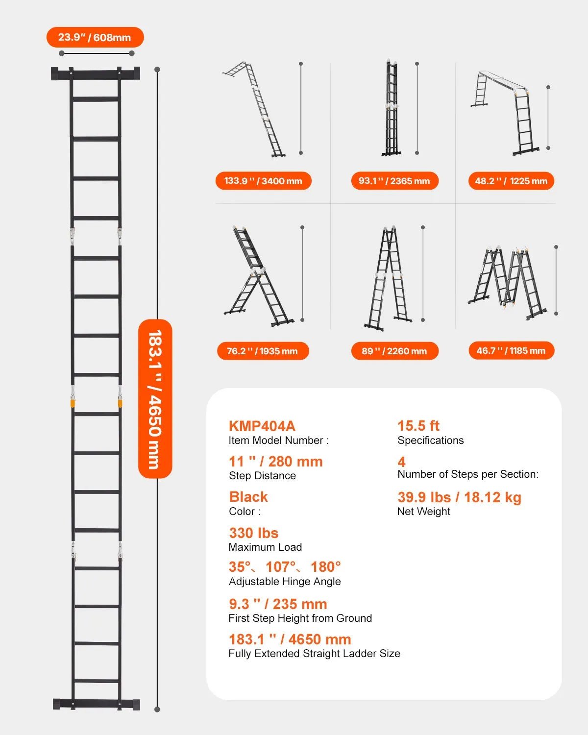 VEVOR daudzfunkcionālas salokāmas kāpnes 7 vienā, A veida 4 pakāpienu teleskopiskās kāpnes ar sastatņu platformu, sasniedzamais augstums līdz 4,7 m, celtspēja 150 kg, piemērotas mājai un āra darbiem - ZEMLETES.LV