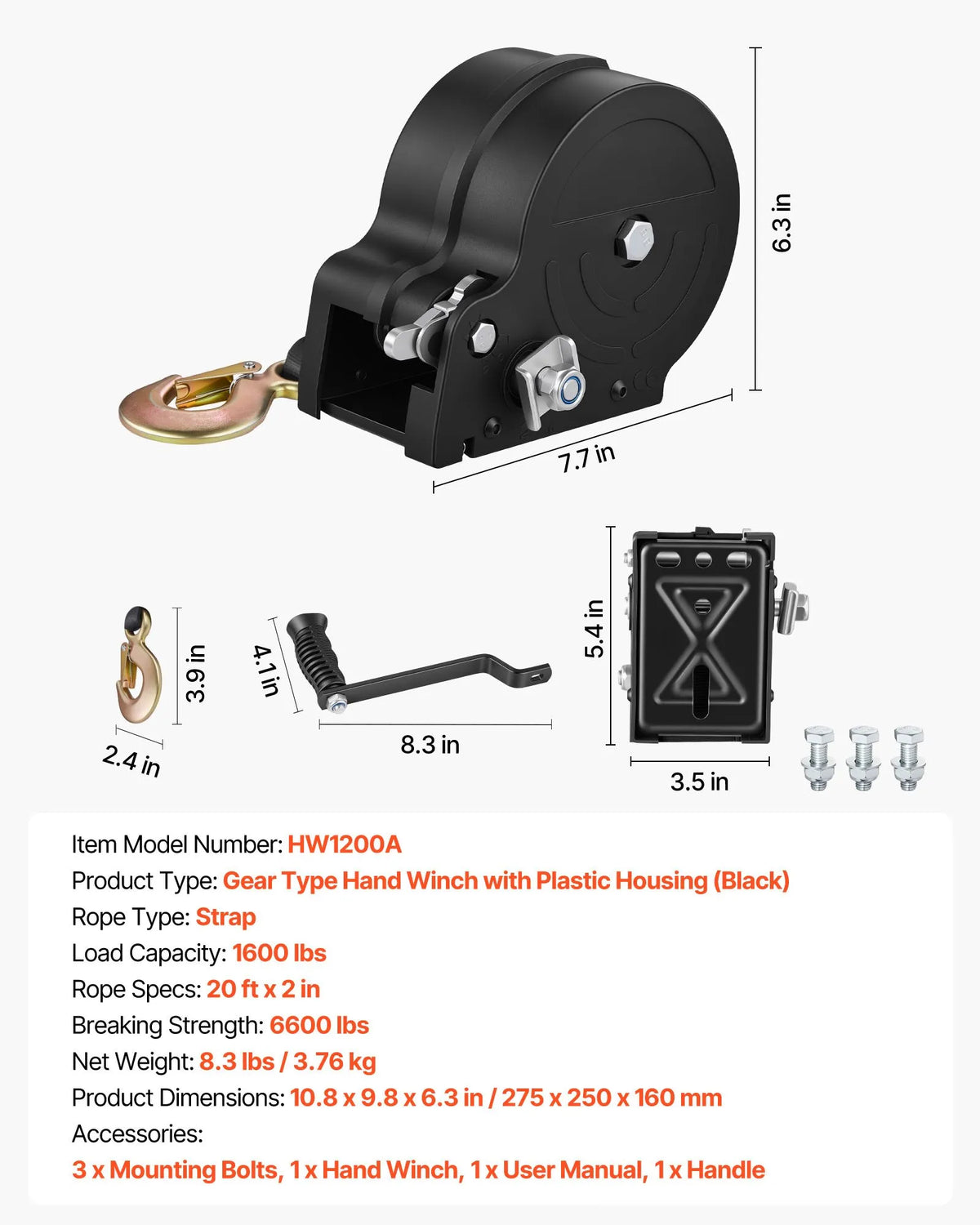 VEVOR Boat Winch, 726 kg Hand Winch, Heavy-Duty Manual Winch with 6.1 m Orange Polyester Strap, Portable Two-Way Ratchet Mechanism with 2-Speed Shift and Non-Slip Handle for Boat Trailers and ATV Towing