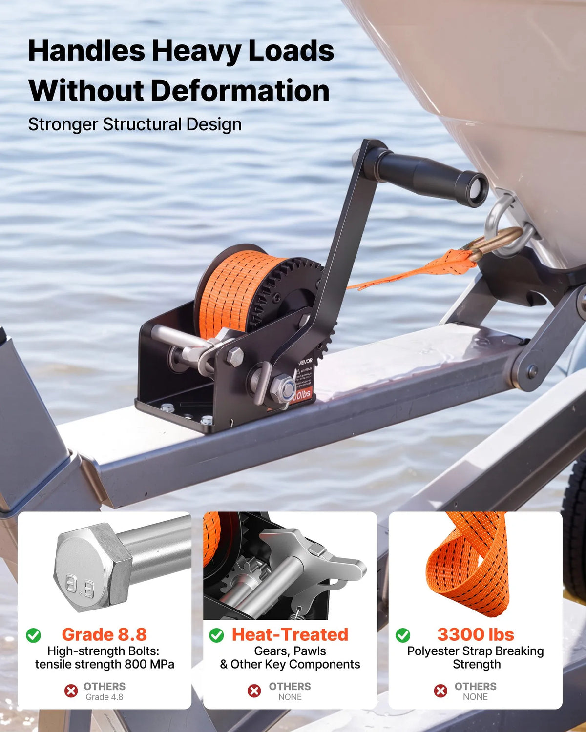 VEVOR Boat Winch, 272 kg Hand Winch, Heavy-Duty Manual Winch with 6.1 m Orange Polyester Strap, Portable Two-Way Ratchet Mechanism and Non-Slip Handle for Boat Trailers and ATV Towing