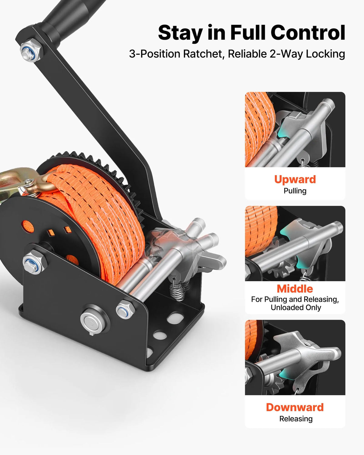 VEVOR Boat Winch, 272 kg Hand Winch, Heavy-Duty Manual Winch with 6.1 m Orange Polyester Strap, Portable Two-Way Ratchet Mechanism and Non-Slip Handle for Boat Trailers and ATV Towing