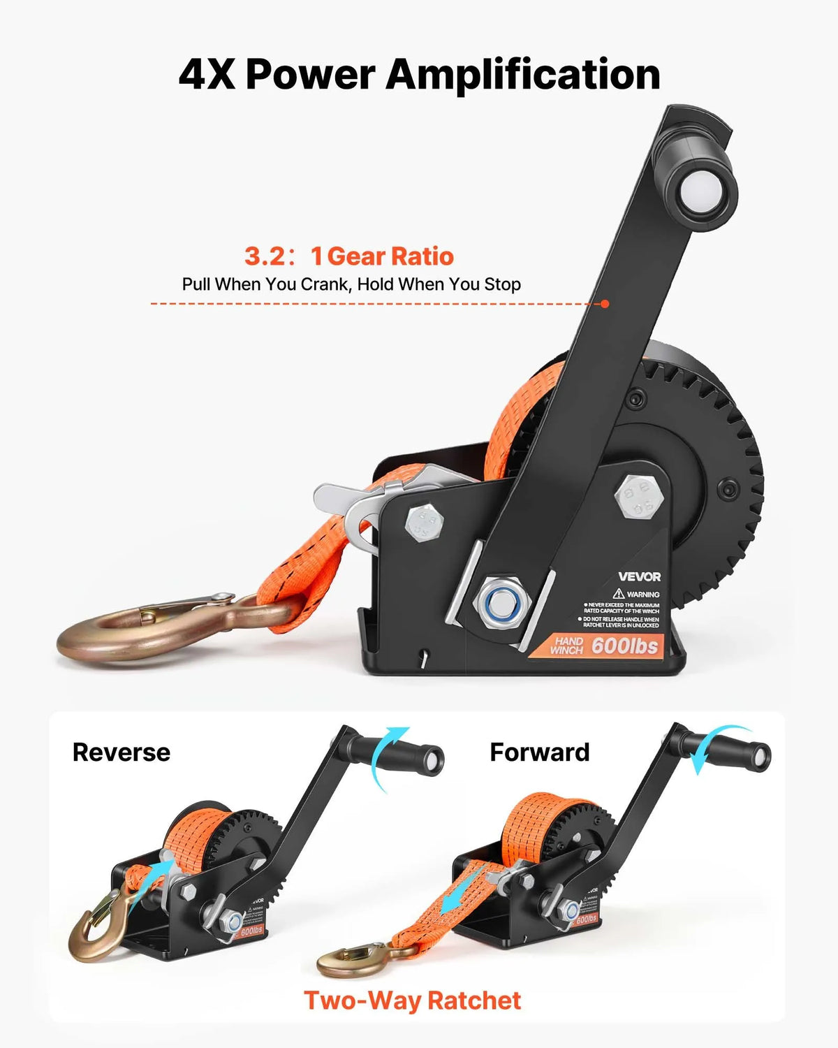 VEVOR Boat Winch, 272 kg Hand Winch, Heavy-Duty Manual Winch with 6.1 m Orange Polyester Strap, Portable Two-Way Ratchet Mechanism and Non-Slip Handle for Boat Trailers and ATV Towing