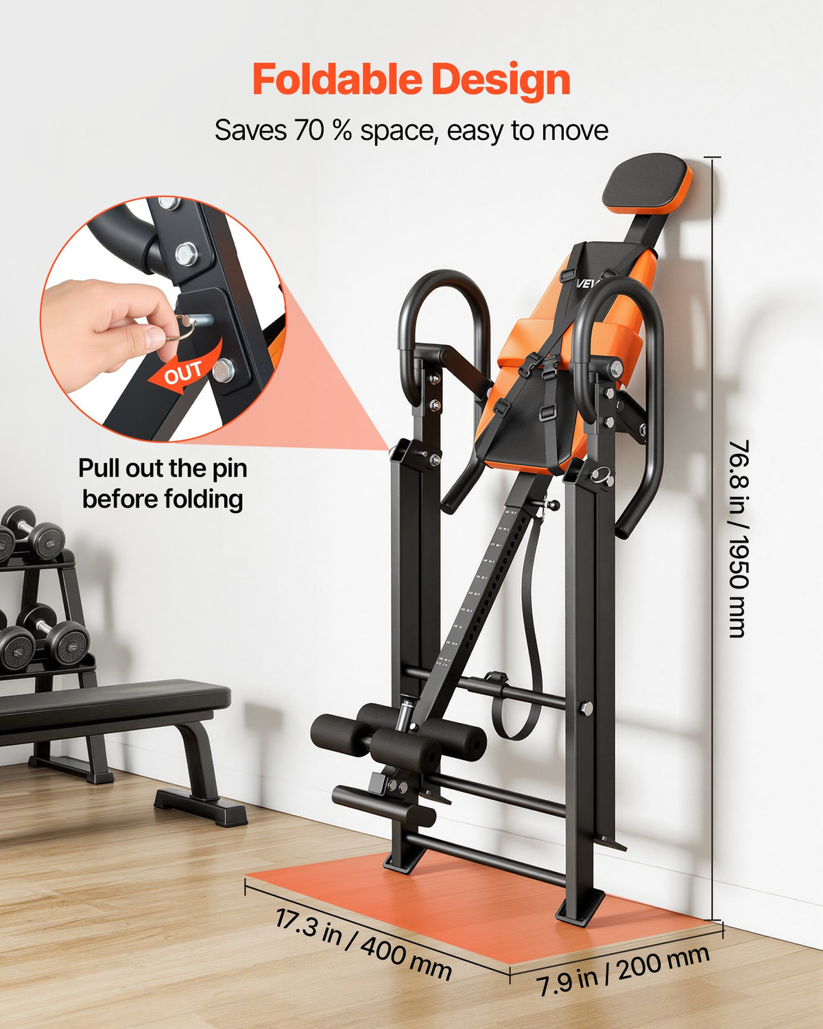 VEVOR Foldable Inversion Table QD002A with Roller Lock, Adjustable Angle and Height, up to 136 kg